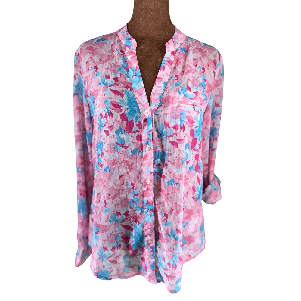 Kut From The Kloth Floral Blouse Womens XS Sheer Button Front Pink Blue NWT